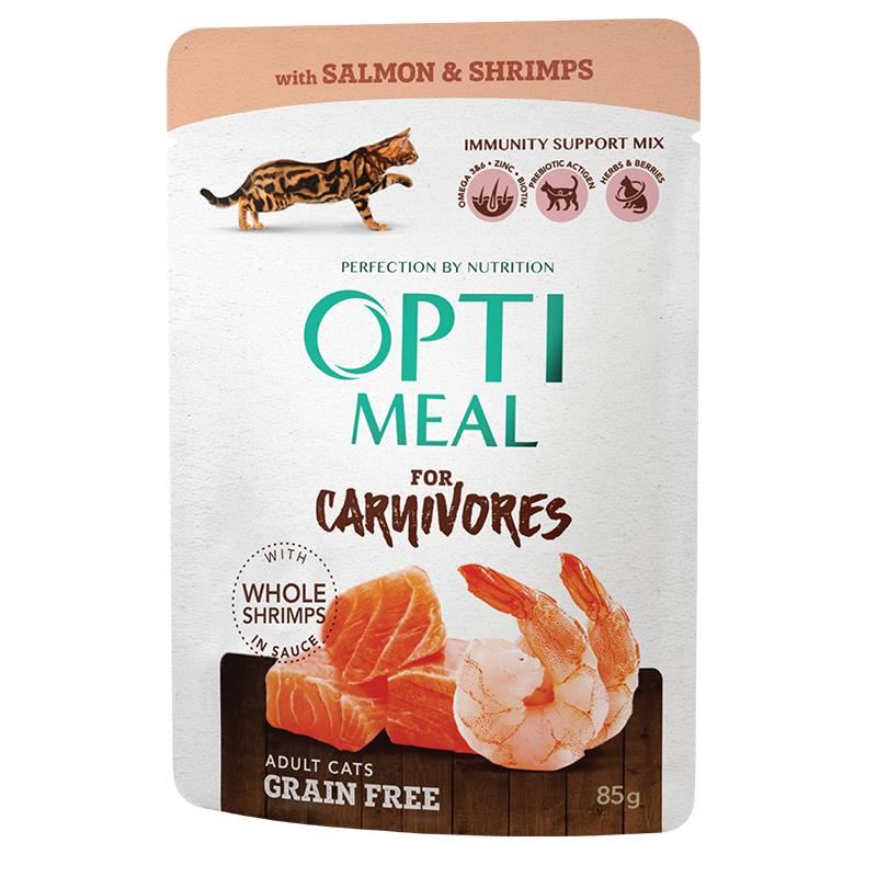 Optimeal Carnivores Somonlu ve Karidesli Tahılsız Yetişkin Kedi Konservesi 85gr