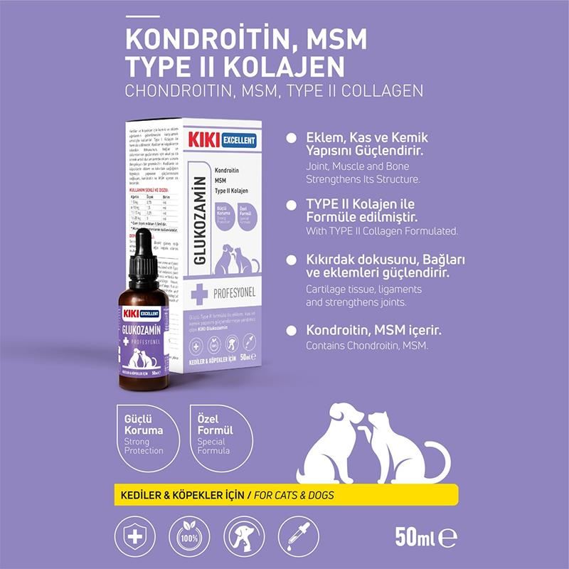 KIKI Excellent Kedi ve Köpek Glukozamin Kondroitin Type II Kolajen, Msm 50ml