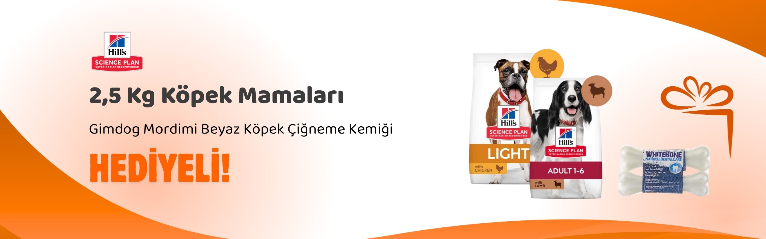 Hill's Science Plan 1,5 ve 2,5 Kg Köpek Mamalarına Gimdog Mordimi Beyaz Köpek Çiğneme Kemiği 11 cm 2'li 70 gr Hediye
