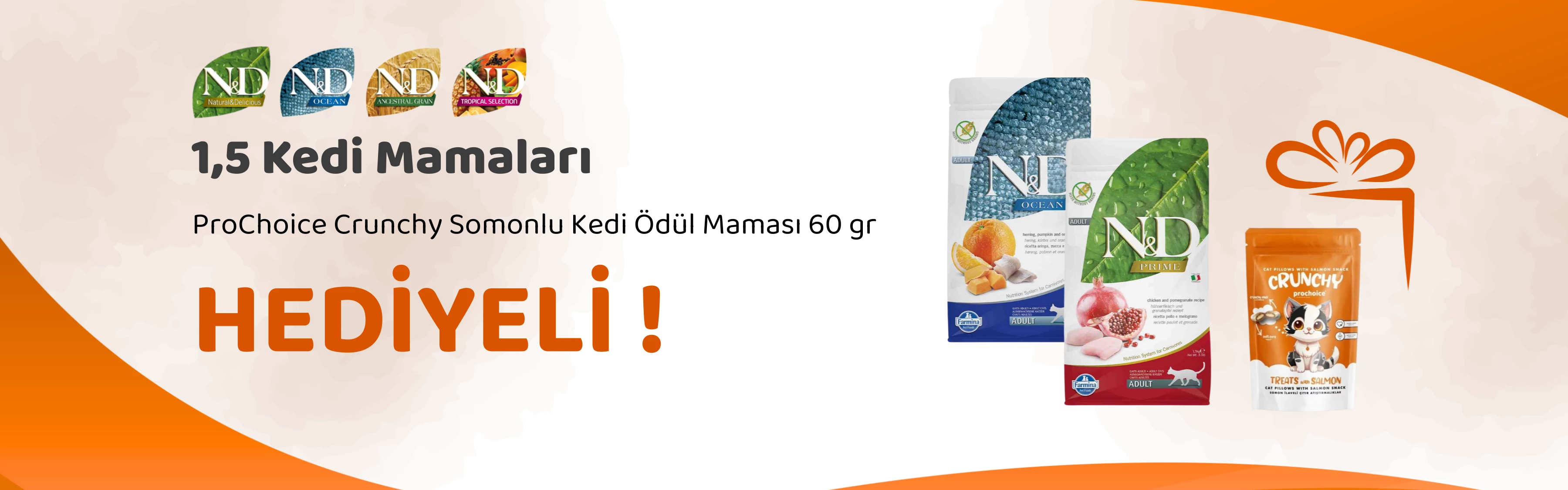 N&D 1,5 Kg Kedi Maması Alana 1 Adet ProChoice Crunchy Somonlu Kedi Ödül Maması 60 gr Hediye