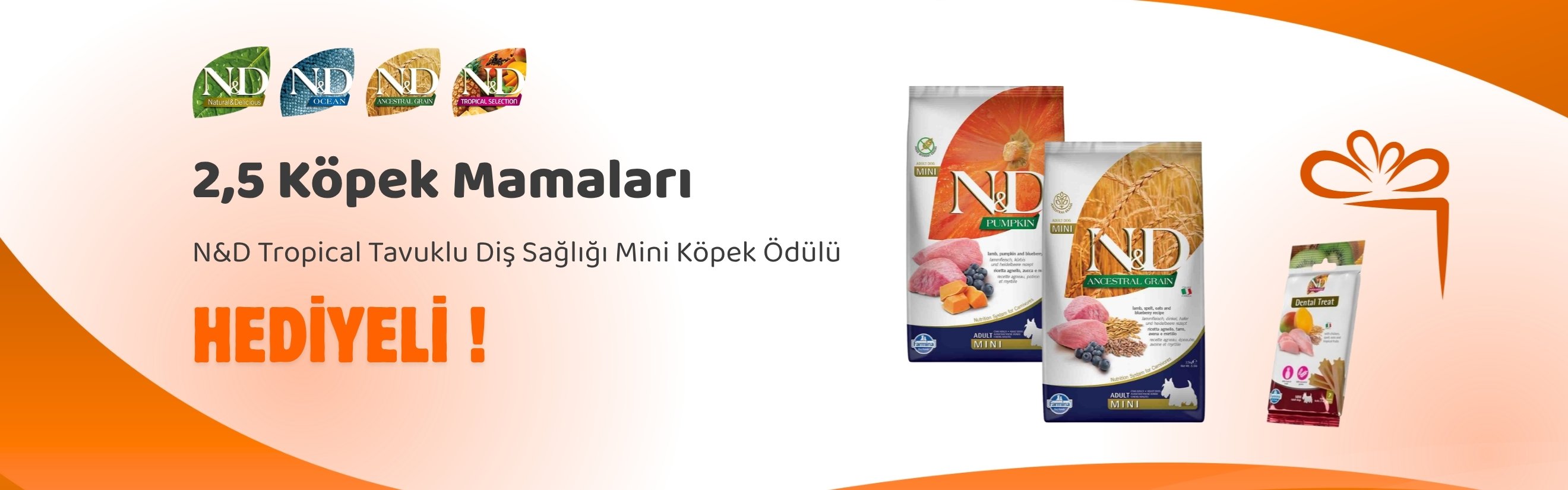 N&D 1,5 ve 2,5 Kg Arası Köpek Mamalarına N&D Tropical Tavuklu Diş Sağlığı Mini Köpek Ödülü 60 Gr Hediye