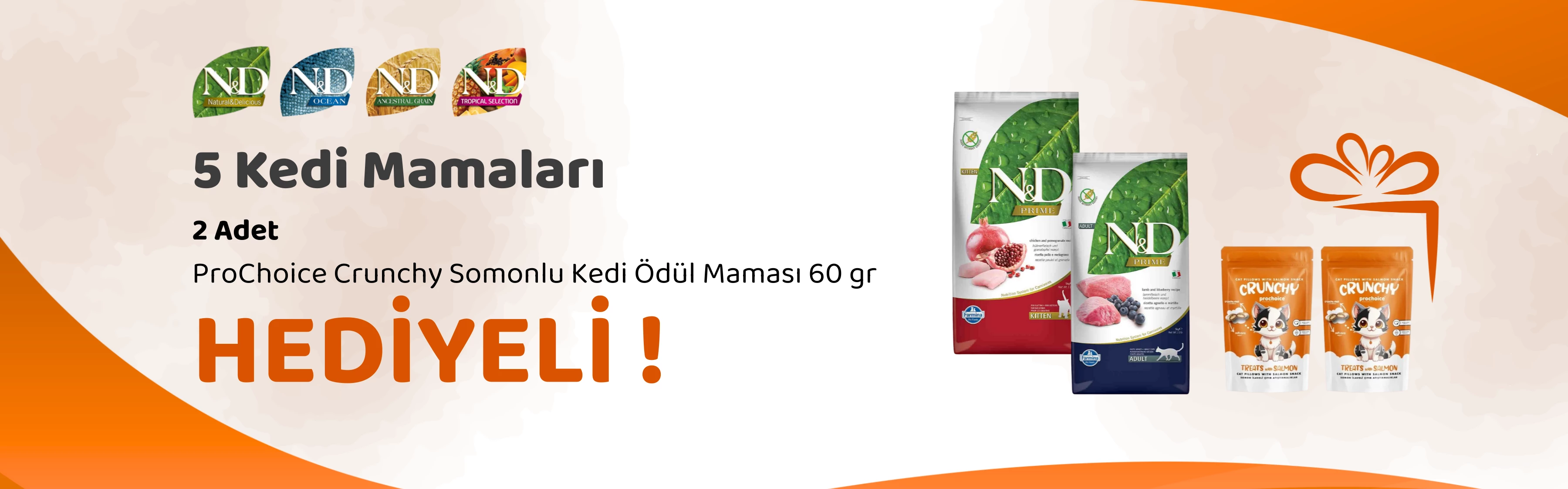 N&D 5 Kg Kedi Mamalarına 2 Adet ProChoice Crunchy Somonlu Kedi Ödül Maması 60 gr Hediye