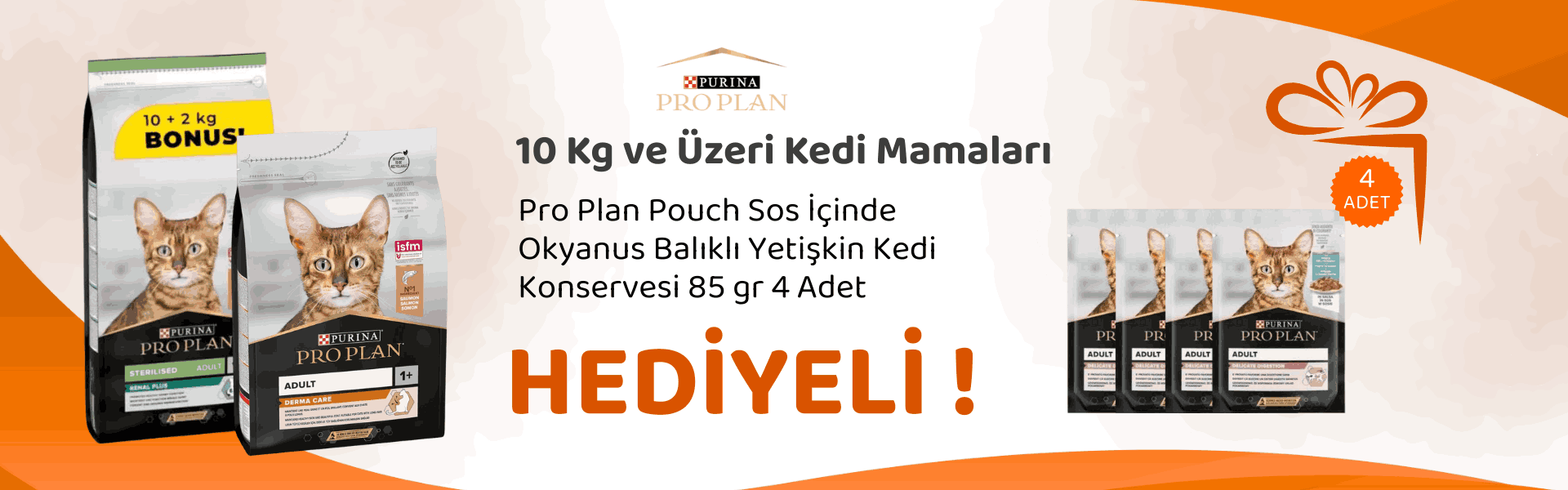 Pro Plan 10 Kg Kedi Mamalarına 4 Adet Pro Plan Pouch Sos İçinde Okyanus Balıklı Yetişkin Kedi Konservesi 85 gr Hediye