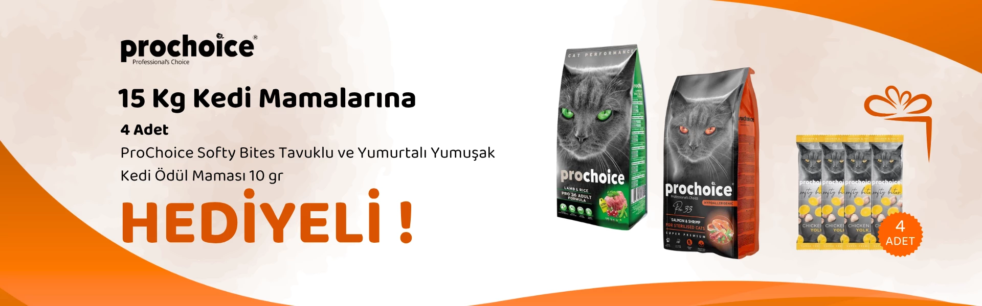 Prochoice 15 Kg Kedi Mamalarına 4 adet ProChoice Softy Bites Tavuklu ve Yumurtalı Yumuşak Kedi Ödül Maması 10 gr Hediye