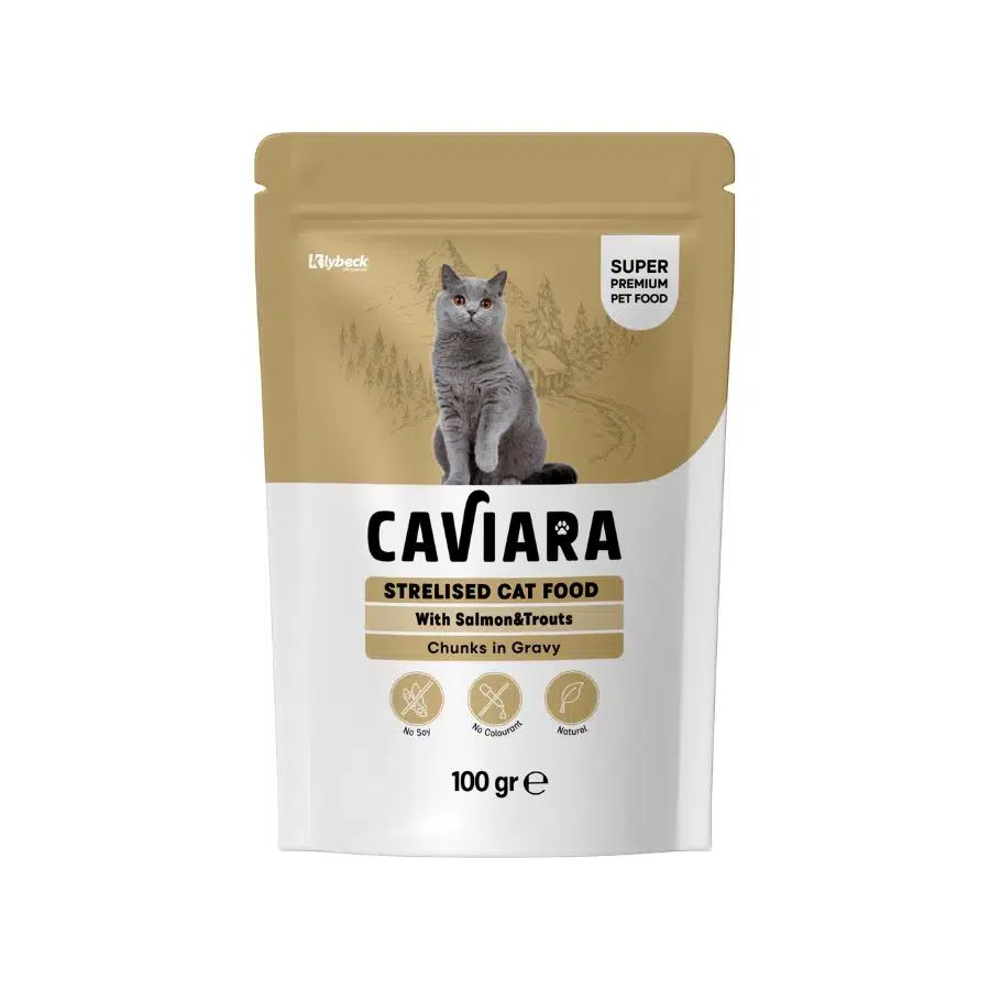 Caviara Pouch Sos İçinde Et Parçacıklı Somon ve Alabalıklı Kısırlaştırılmış Yetişkin Kedi Konservesi 100 Gr