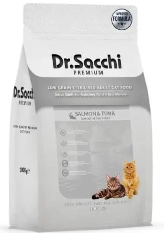 Dr. Sacchi Premium Düşük Tahıllı Somonlu Ve Ton Balıklı Kısırlaştırılmış Yetişkin Kedi Maması 1 kg