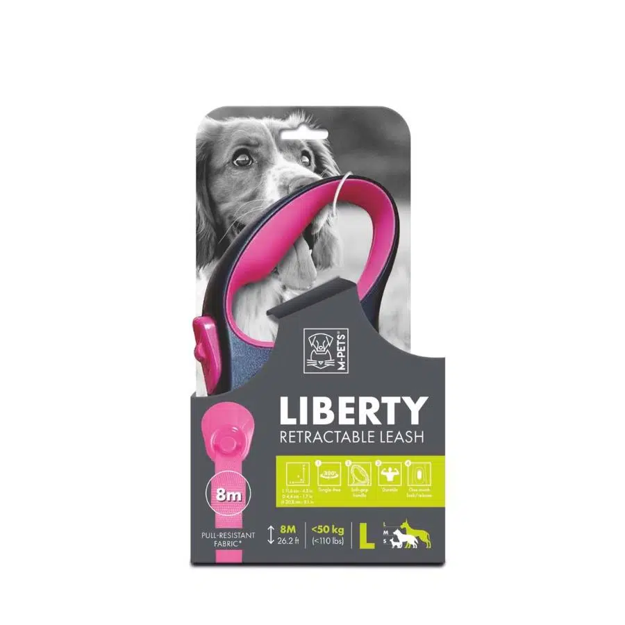 M-Pets Liberty Pembe Otomatik Şerit Köpek Gezdirme Tasması 8 Mt L
