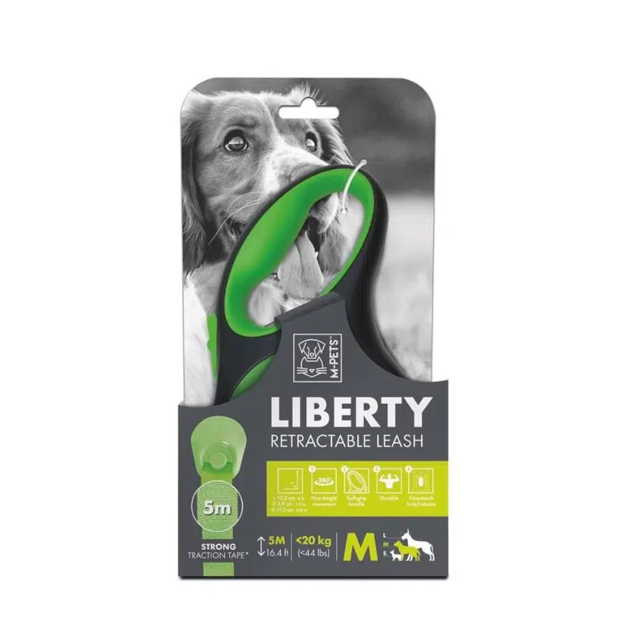 M-Pets Liberty Yeşil Otomatik Şerit Köpek Gezdirme Tasması 5 Mt M