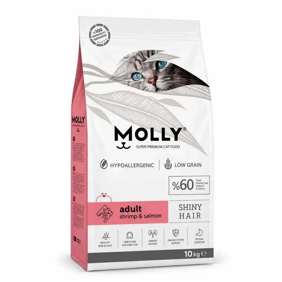 Molly Düşük Tahıllı Hypoallergenic Karidesli ve Somonlu Yetişkin Kedi Maması 10 Kg