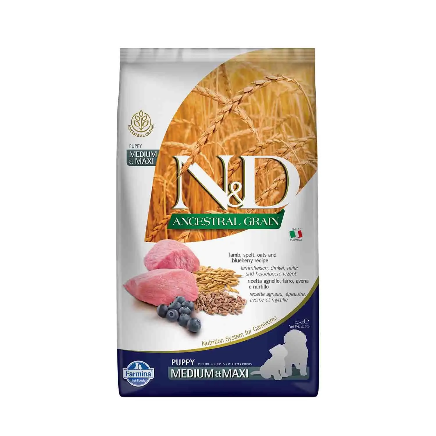 N&D Düşük Tahıllı Kuzu Etli Yaban Mersinli Orta Irk Yavru Köpek Maması 2,5 kg