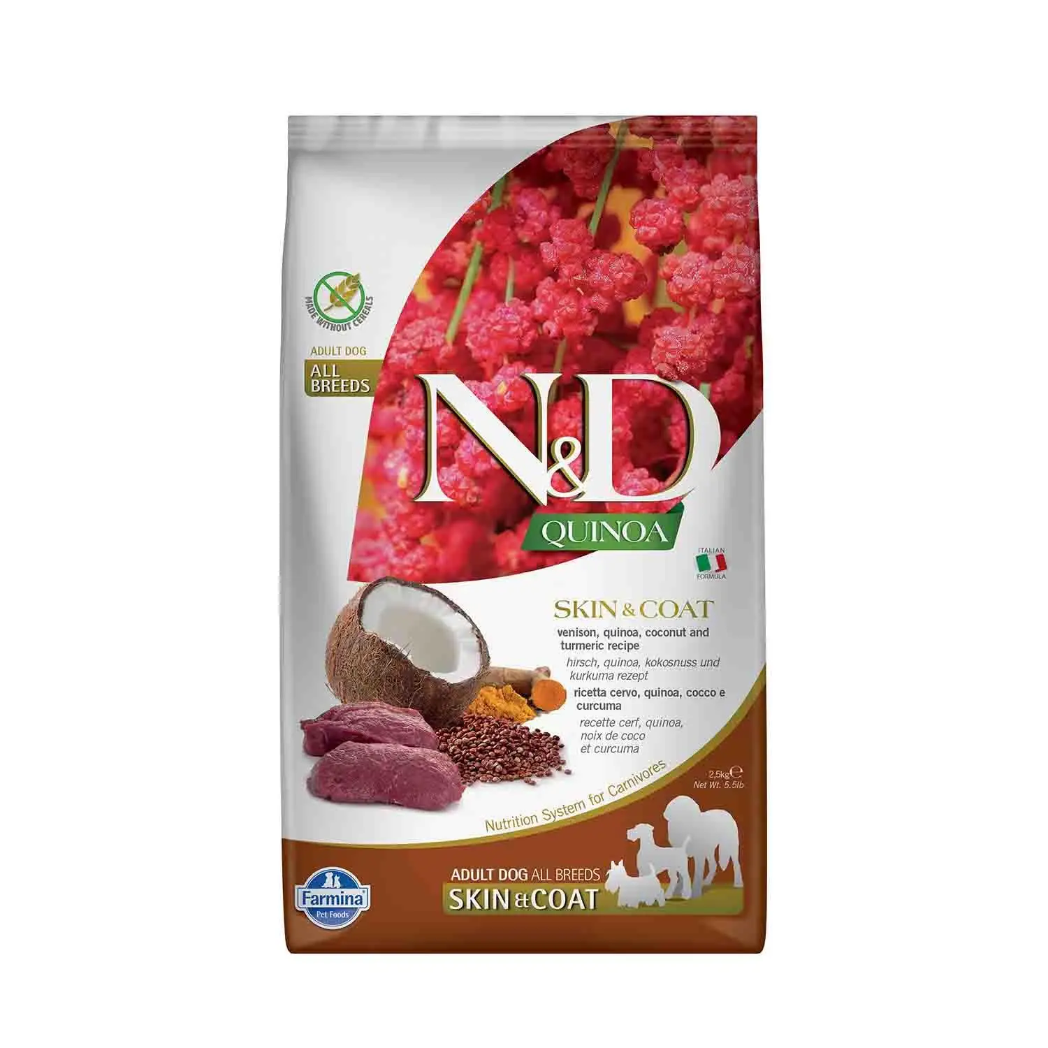 N&D Quinoa Skin & Coat Tahılsız Tüy Bakımı Geyik Etli Yetişkin Köpek Maması 2,5 kg