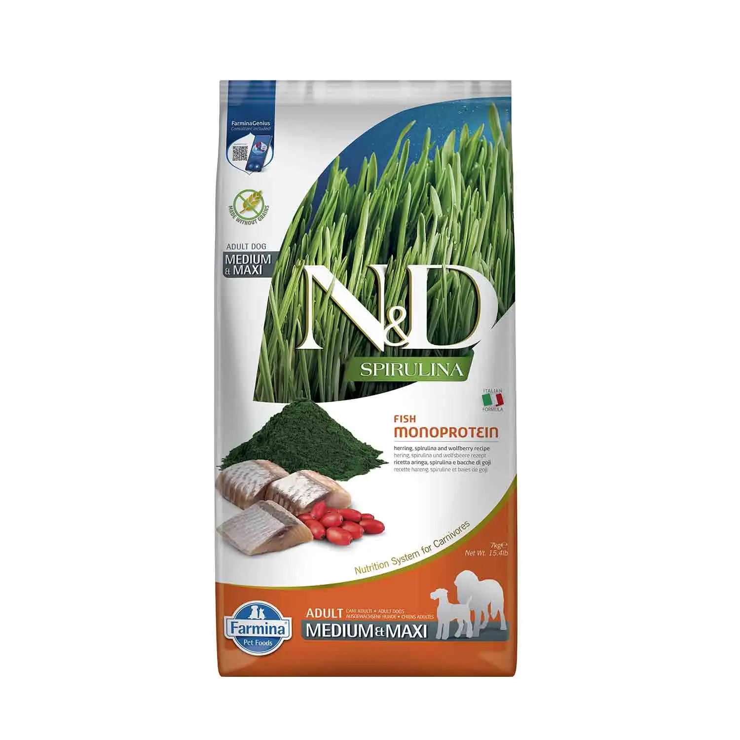 N&D Spirulina Takviyeli Tahılsız Ringa Balıklı Orta ve Büyük Irk Yetişkin Köpek Maması 7 kg