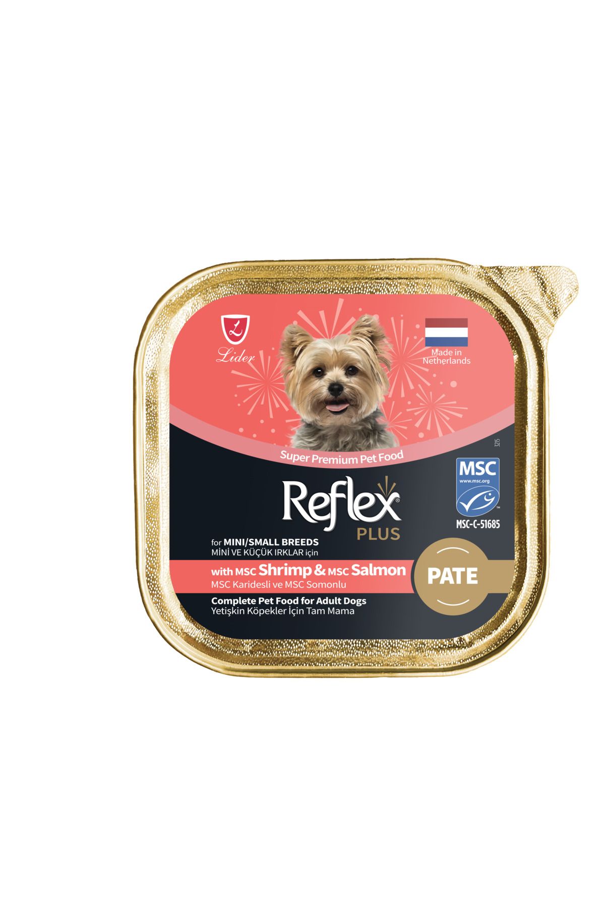 Reflex Plus Alu Tray Karides ve Somonlu Pate Kıyılmış Küçük Irk Yetişkin Köpek İçin Yaş Mama 85 gr
