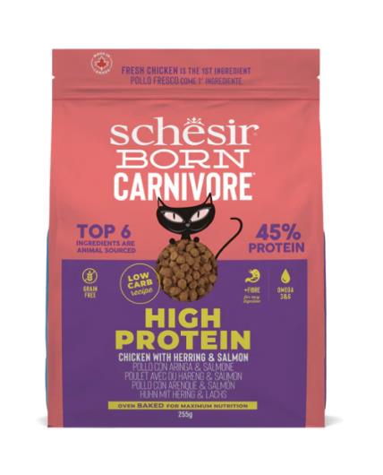 Schesir Born Carnivore Tavuklu Somonlu ve Ringa Balıklı Yetişkin Kedi Maması 255 Gr