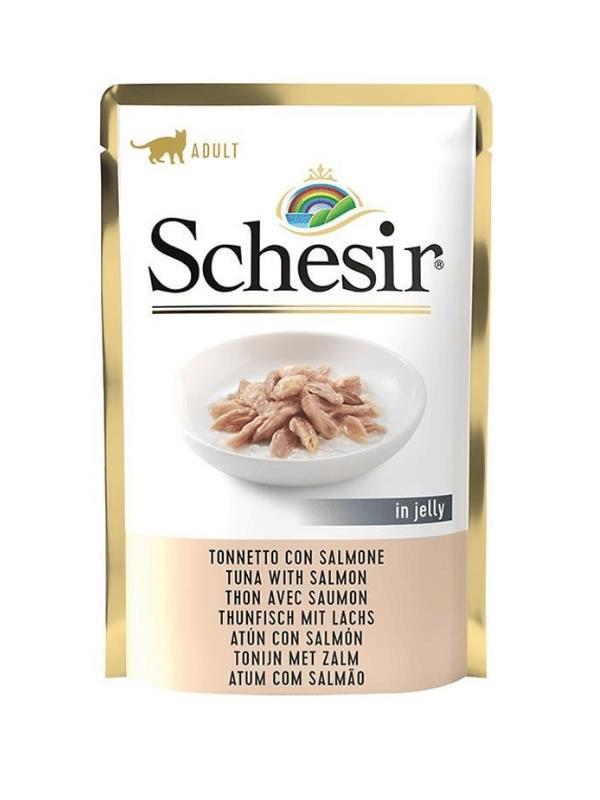 Schesir Pouch Jelly Ton Balıklı Somonlu Kıyılmış Yaş Kedi Maması 85 gr