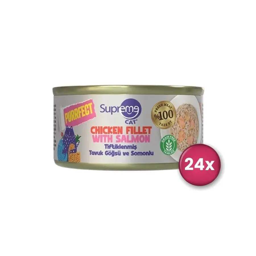 Supreme Cat Purrfect Tiftiklenmiş Tavuk Göğsü ve Somonlu Yetişkin Kedi Konservesi 70 gr X 24 Adet