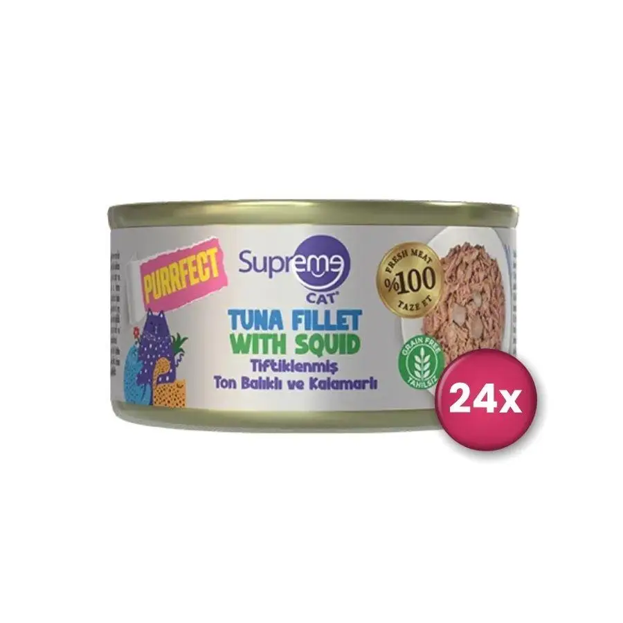 Supreme Cat Purrfect Tiftiklenmiş Ton Balıklı ve Kalamarlı Yetişkin Kedi Konservesi 70 gr X 24 Adet