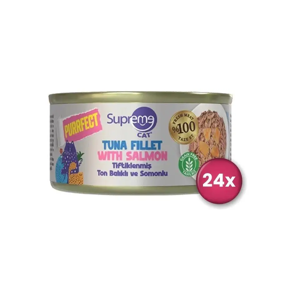 Supreme Cat Purrfect Tiftiklenmiş Ton Balıklı ve Somonlu Yetişkin Kedi Konservesi 70 gr X 24 Adet