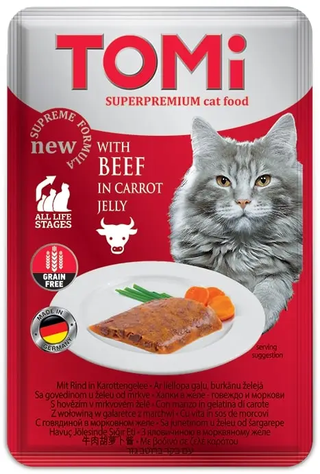 Tomi Pouch Pate Dana Eti ve Havuçlu Tahılsız Yetişkin Kedi Konservesi 100 gr
