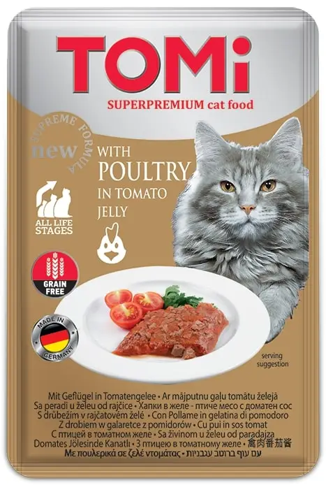 Tomi Pouch Pate Kümes Hayvanı ve Domatesli Tahılsız Yetişkin Kedi Konservesi 100 gr