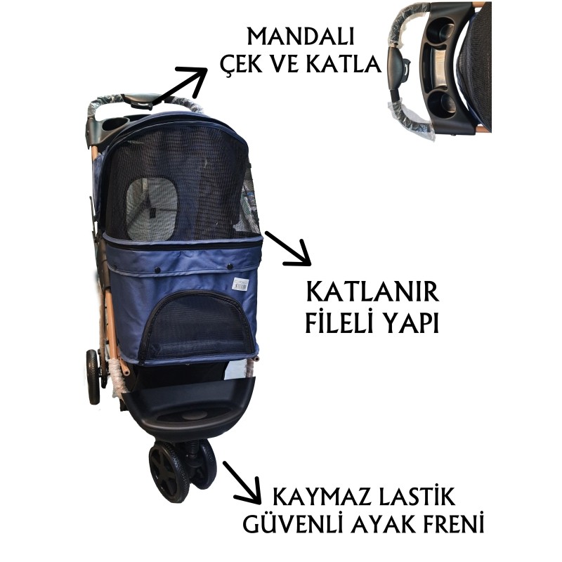 Tommy Evcil Hayvan Arabası 87x50x107cm Lacivert Max 20 Kg