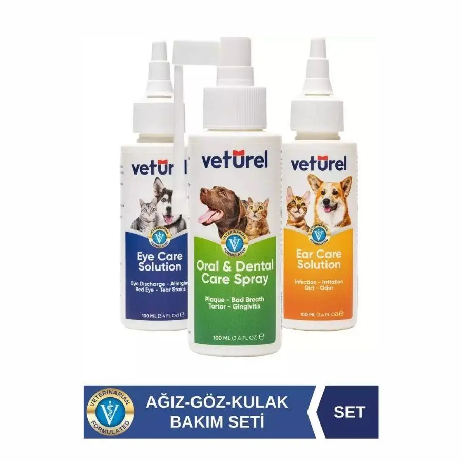 Veturel Kedi ve Köpekler İçin Ağız Göz ve Kulak Bakım Spreyi Başlangıç Seti 3x100 Ml